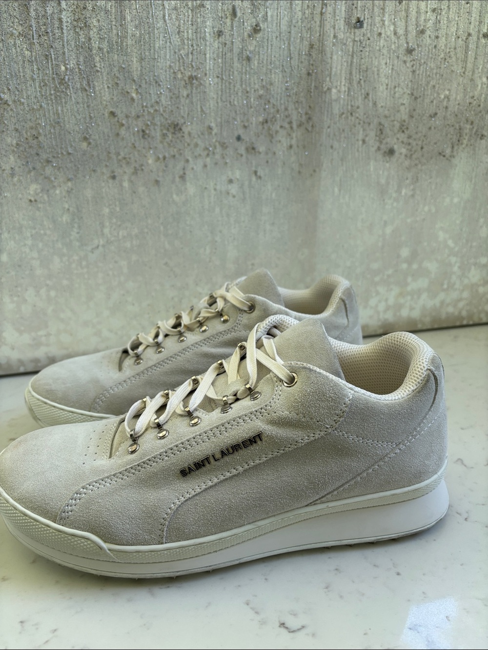YSL Unisex Sneaker- Saint Laurent Light Beige Suede Low-Top Sneakers